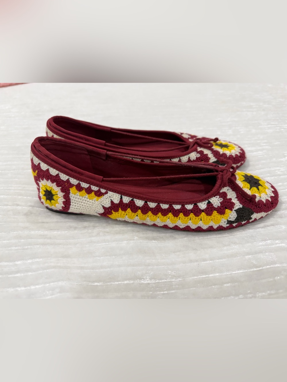 Zara Maroon Crochet Ballet Flats with Yellow, Cream & Black Accents